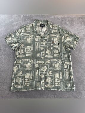 Lucky Brand No Button Pullover Aloha Shirt Men's L Sage Green Floral Aloha Print